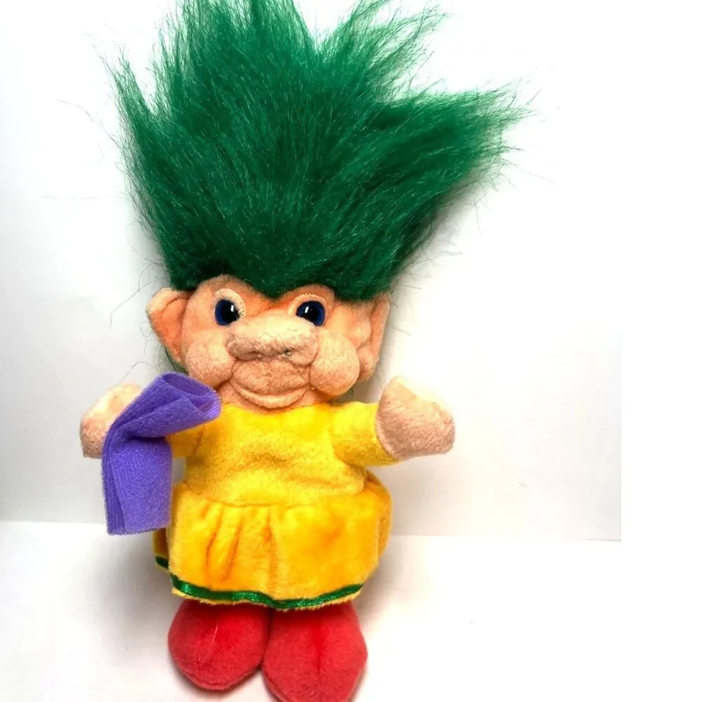 Vintage Imperial Troll Plush Green Hair Yellow Dress Soft Doll Toy Green Hair